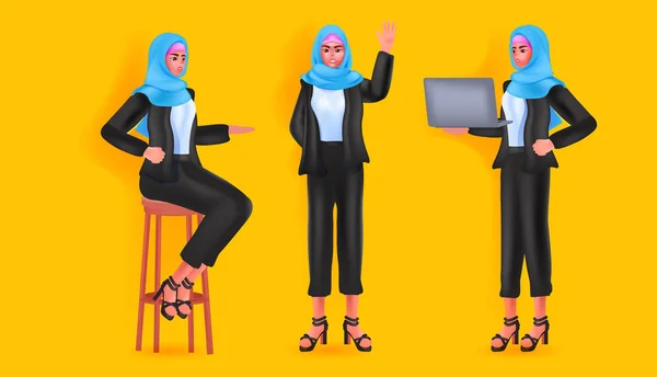 Arap kadın başörtüsü takan Arap iş kadını kadın çizgi film karakteri farklı açılardan bakıyor. — Stok Vektör