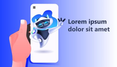 Akıllı telefon ekranındaki sevimli robot robot robot modern robot karakter yapay zeka teknolojisi kavramı
