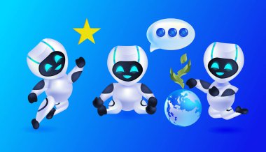 Modern robotik karakterlerle buluşurken sevimli robotlar suni zeka teknolojisi konseptini tartışıyor.