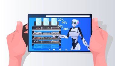 Akıllı telefon ekranında kozmetoloji öğelerini gösteren robotlar yapay zeka teknolojisi kavramı