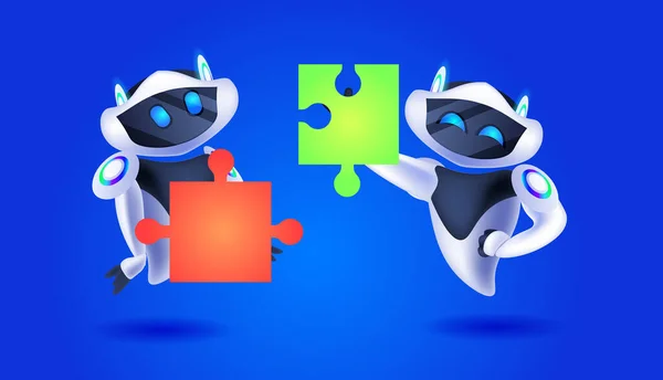Robots lindos poniendo piezas del rompecabezas juntos personajes robóticos modernos equipo resolver problemas de inteligencia artificial — Vector de stock