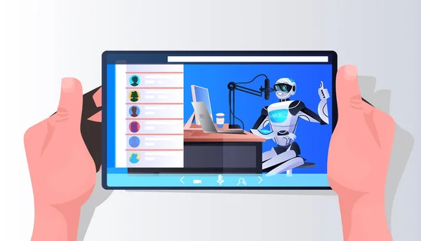 Roboter-Podcast im Gespräch mit Mikrofon auf Smartphone-Bildschirm Aufzeichnung Podcast im Studio Podcasting Online-Radio — Stockvektor