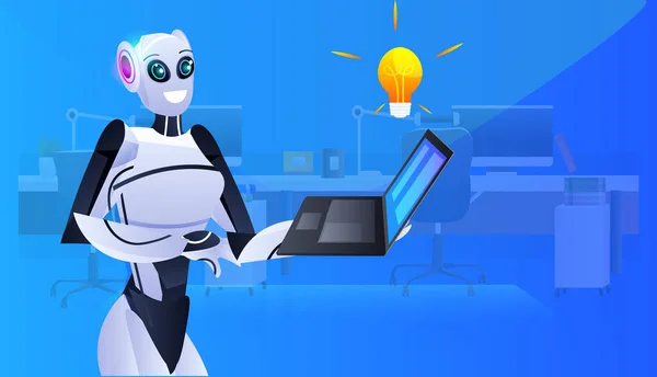 Robot cyborg utilizando el ordenador portátil moderno carácter robótico con bombilla brillante nuevo proyecto idea creativa inteligencia artificial — Vector de stock
