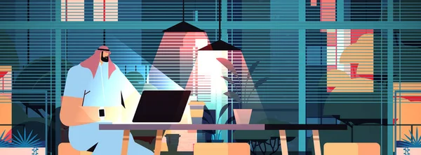 ダークナイトホームオフィスのコンピュータ画面を見て職場のビジネスマンに座っている過労のアラブ人ビジネスマン — ストックベクタ