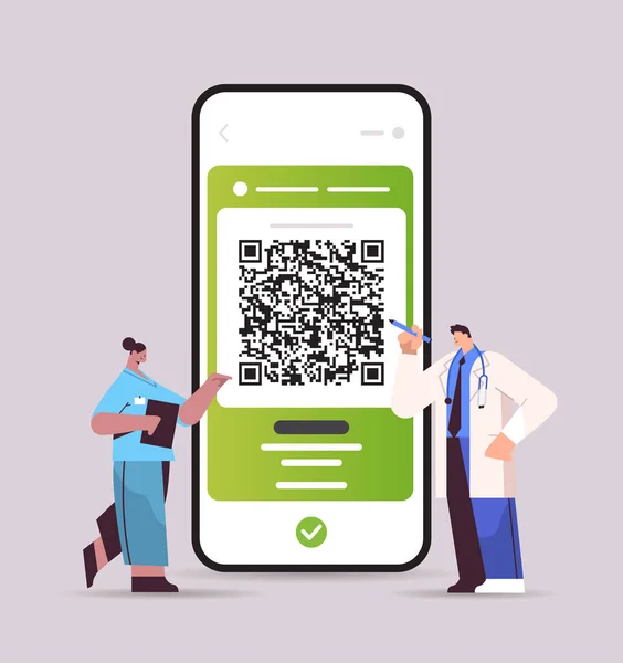 Docors usando passaporte de imunidade digital com código qr na tela do smartphone risco livre de pandemia covid-19 — Vetor de Stock