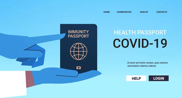 头戴手套的医生持有全球免疫护照无风险covid-19再感染coronavirus免疫概念 — 图库矢量图片