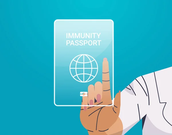 Ludzka ręka dotykająca wirtualnego globalnego paszportu odpornościowego ryzykuje wolne covid-19 ponowne zakażenie koncepcja odporności koronawirusa — Wektor stockowy