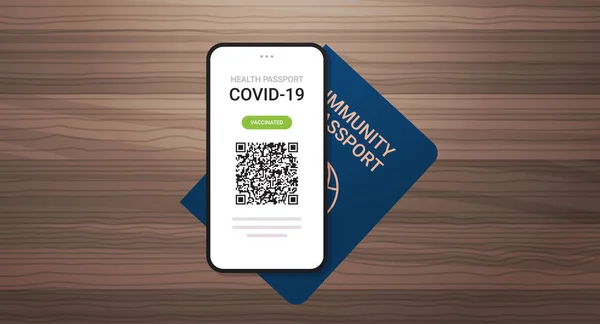 Certificato di vaccinazione digitale e passaporto immunità globale sul concetto di immunità coronavirus tavolo di legno — Vettoriale Stock