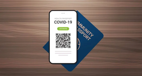 Digitales Impfzertifikat und globaler Immunitätspass auf Holztisch Coronavirus Immunitätskonzept — Stockvektor