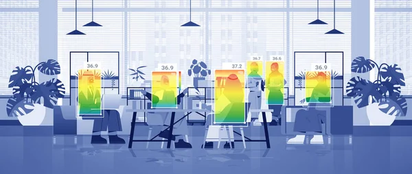 Wykrywanie podwyższonej temperatury ciała arabskich biznesmenów w biurze poprzez bezdotykową kamerę termiczną ai — Wektor stockowy