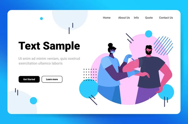 Kvinnlig läkare i mask vaccinerar manliga patienten kamp mot coronavirus vaccin utveckling koncept — Stock vektor