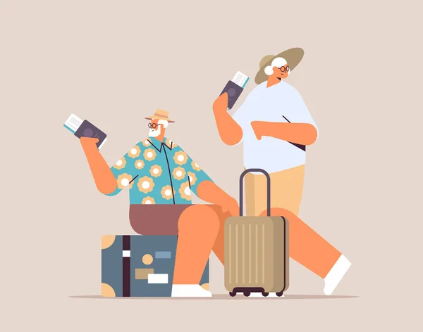 Idős pár turista nagyszülők poggyásszal útlevelek és jegyek készen állnak a beszálláshoz a repülőtéren — Stock Vector