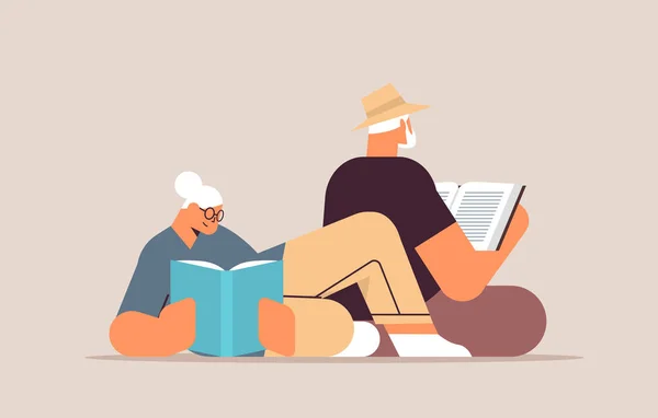 Senior par läsa böcker gammal man och kvinna familj tillbringa tid tillsammans avkoppling pensionering koncept — Stock vektor