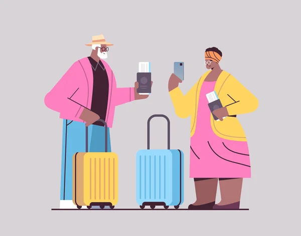 Idős pár turisták okostelefonok nagyszülők poggyász útlevelek és jegyek készen áll a beszállás a repülőtéren — Stock Vector