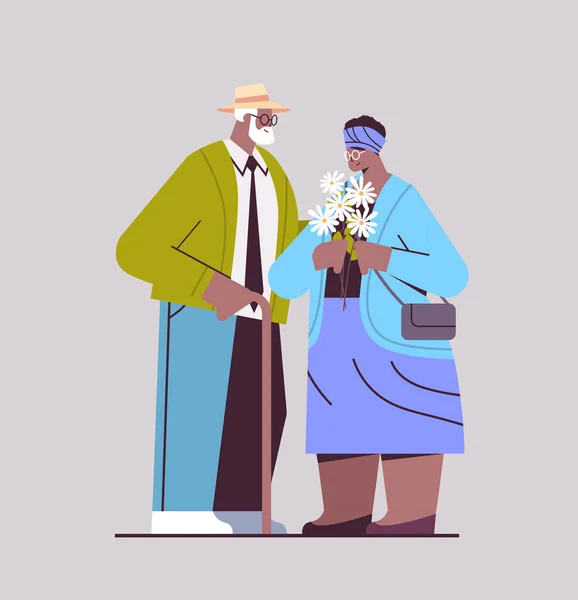 Pareja de ancianos con flores teniendo una cita afro-americanos abuelos pasar tiempo juntos — Vector de stock