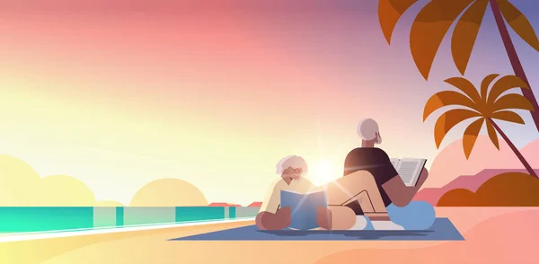 老年人夫妇在海滩看书老人和妇女家庭一起消磨时光放松退休生活 — 图库矢量图片
