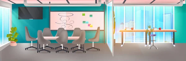 Espace de coworking moderne bureau intérieur vide pas de personnes espace ouvert salle d'armoire avec meubles — Image vectorielle