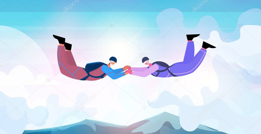 senior couple flying down during skydiving jump aged skydivers floating in air with parachute freefall active old age