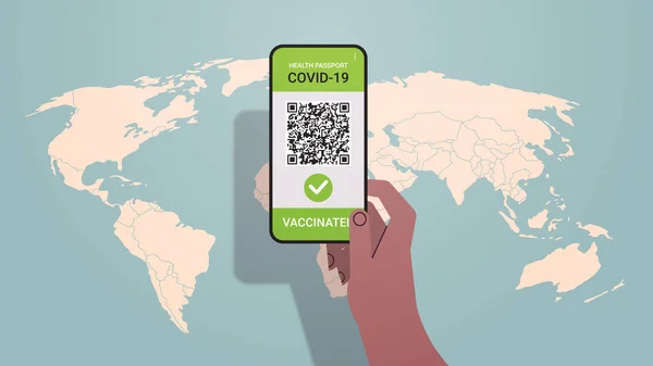 Smartphone portatile con passaporto dell'immunità digitale con codice qr sullo schermo pandemia covid-19 priva di rischio — Vettoriale Stock