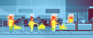 Süpermarkette yürüyen insanların vücut sıcaklıklarının arttığını tespit ediyorum. Temassız termal ai kamera tarafından kontrol ediliyor. Koronavirüsü durdurun.
