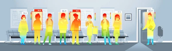 접촉하지 않은 타이 카메라로 확인 된 병원 사람들의 체온 상승을 탐지 코로나 바이러스 중단 — 스톡 벡터