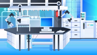 Hastane ameliyat masası ve tıbbi cihazlar modern klinik cerrahi odası iç yoğun terapi cerrahi prosedürleri