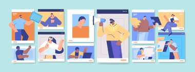 Web tarayıcı pencerelerindeki iş adamları sanal konferans kullanarak iş adamlarının görüntülerini tartışıyor