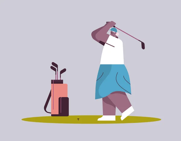 Senior woman playing golf aged african american female player taking a shot active old age concept — Archivo Imágenes Vectoriales