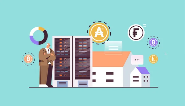 Senior affärsman köpa eller sälja bitcoins online pengar överföring internet betalning cryptocurrency blockchain — Stock vektor
