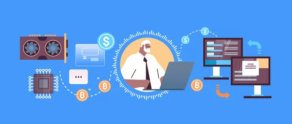 Senior businessman zakup lub sprzedaż bitcoiny przelew online internet płatności kryptowaluta blockchain — Wektor stockowy