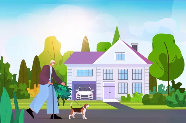 Hombre mayor activo caminando con su pequeño abuelo perro relajarse con mascotas cerca de casa de campo horizontal — Vector de stock