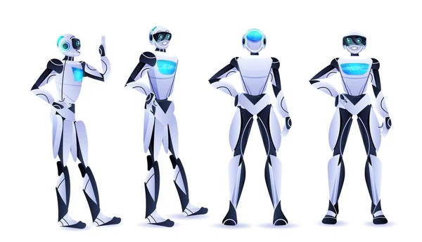 Set robot stojící v různých pózách moderní robotické znaky umělé inteligence koncept — Stockový vektor