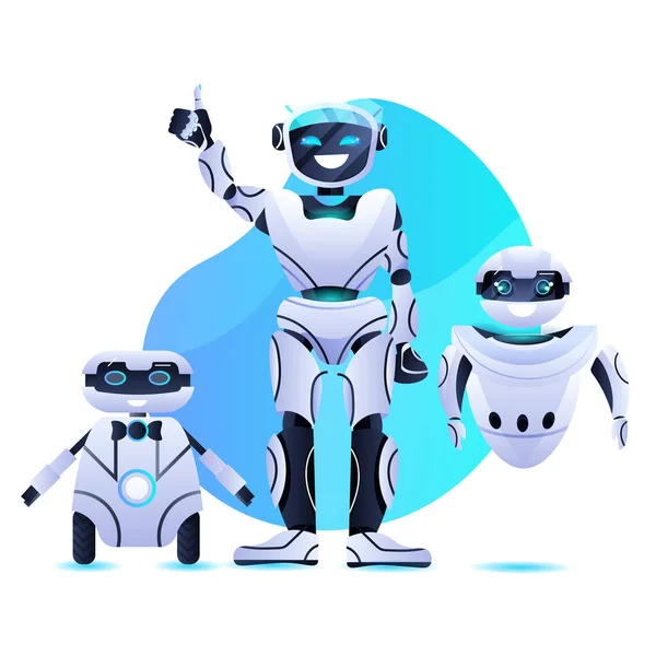 Different robots standing together modern robotic characters team artificial intelligence technology concept — Stock Vector