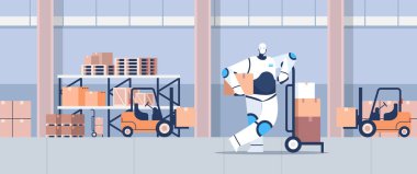 Karton paketli modern robot kurye teslimat hizmeti suni zeka kavramı