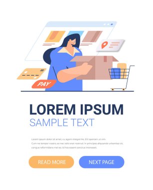 Kadın bilgisayar uygulamasından mal sipariş ediyor hızlı teslimat hizmeti online alışveriş konsepti dikey portre