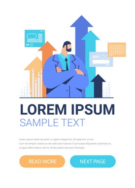Yükselen oklarla başarılı bir iş adamı. Başarı başarısı liderlik konsepti portresi.