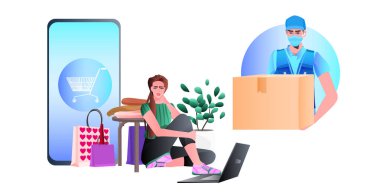 Taşınabilir uygulama kullanan satın alınmış kadın müşteri teslimat hizmeti kavramını canlandırıyor