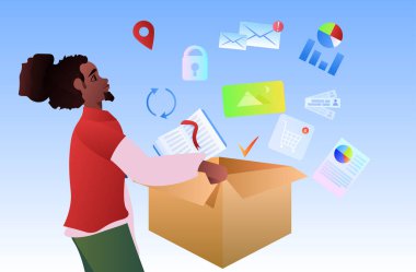 Afro-Amerikan adam elinde karton kutu ile çevrimiçi bilgisayar uygulamaları sosyal medya ağı kavramı