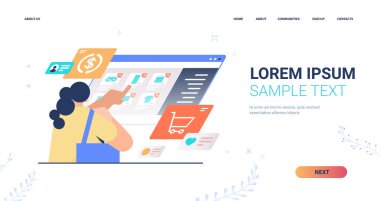 Sanal ekranda nesneleri seçen kadın çevrimiçi alışveriş konsepti dikey portre fotokopi alanı yatay