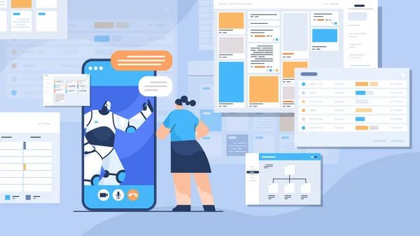 Zakenvrouw discussiëren met robot op smartphone scherm tijdens videogesprek online communicatie teamwork — Stockvector