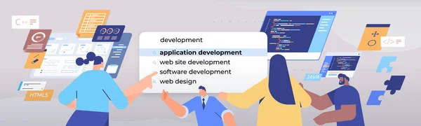 Mix race persone che scelgono lo sviluppo di applicazioni nella barra di ricerca sullo schermo virtuale web design internet networking — Vettoriale Stock