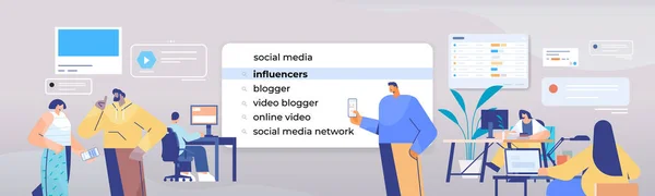 Mix race people choice influencer in search bar on virtual screen internet networking concept horizontal — Stockvektor