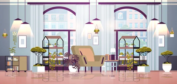 Skleníkové rostliny květináče na policích domácí zahrada koncept obývací pokoj interiér — Stockový vektor