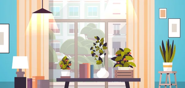 Gewächshaus Topfpflanzen Auf Tisch Gartenkonzept Wohnzimmer Innenraum Horizontale Vektor Illustration — Stockvektor