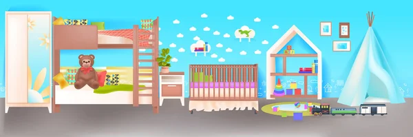 子供部屋のインテリア誰もいないベッドルーム木製のベビーベッド水平ベクトルのイラスト — ストックベクタ
