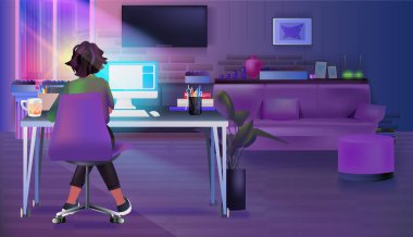 İş yerinde çalışan aşırı çalışan iş kadını serbest çalışan bir kadın karanlık gece oturma odasında bilgisayar ekranına bakıyor tam uzunlukta vektör çizimi