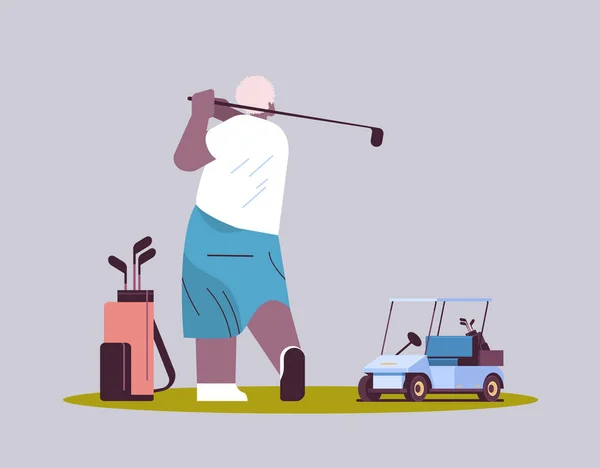 Senior man playing golf aged african american player taking a shot active old age concept horizontal full length — Vector de stock