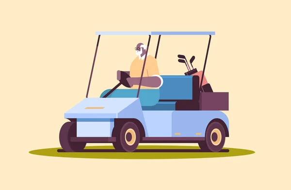 Senior afrikan american man driving buggy on golf course active old age concept horizontal full length — Stockvektor