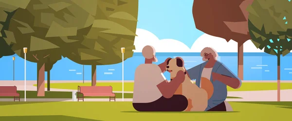 Senior pareja pasando tiempo con perro en urbano parque relajación retiro concepto — Vector de stock