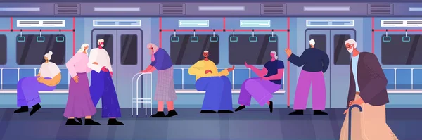 Ηλικιωμένους επιβάτες με ραβδί και ορθοπεδικός περιπατητής κινείται στο μετρό υπόγεια έννοια γήρας — Διανυσματικό Αρχείο